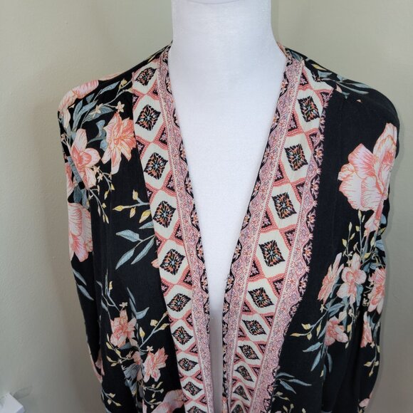 Billabong Floral Kimono Black Pink Floral Open Front Cardigan Women's S/M - Picture 3 of 13